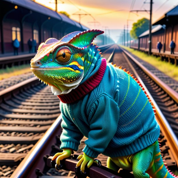 Pic of a chameleon in a sweater on the railway tracks