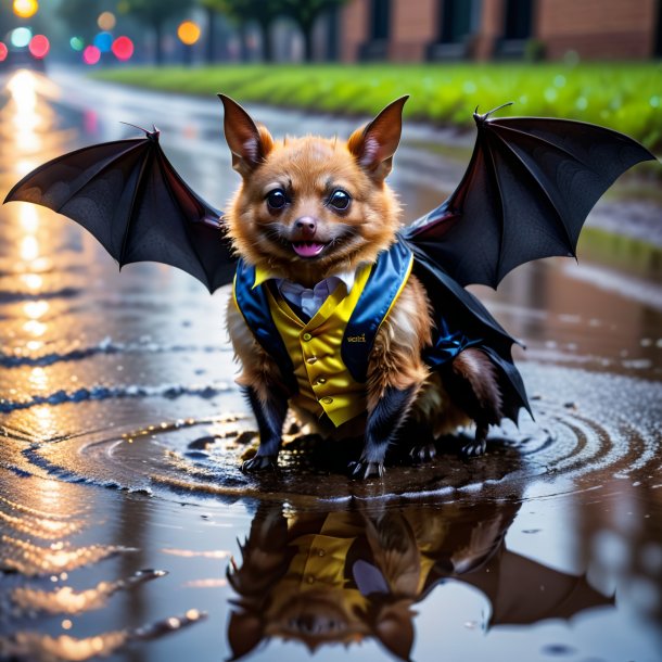 Picture of a bat in a vest in the puddle