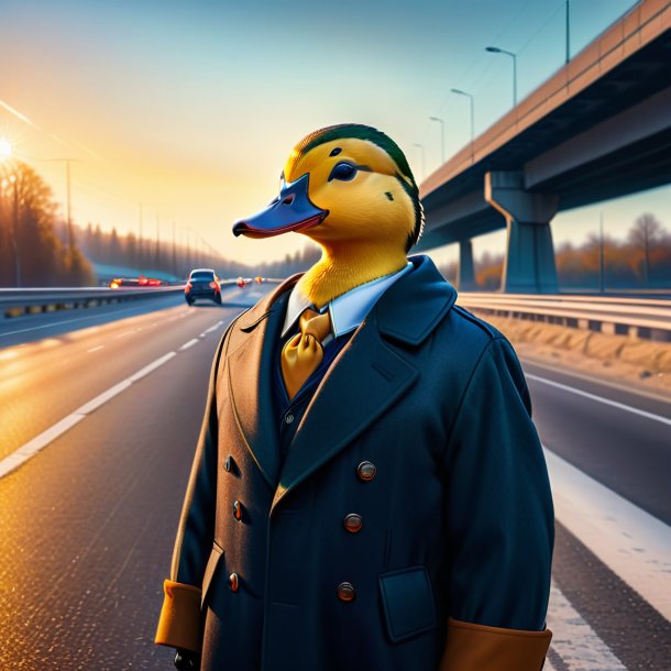 Drawing of a duck in a coat on the highway