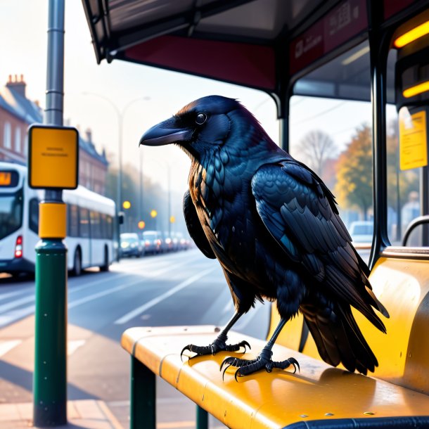 Imagem de um corvo em luvas no ponto de ônibus