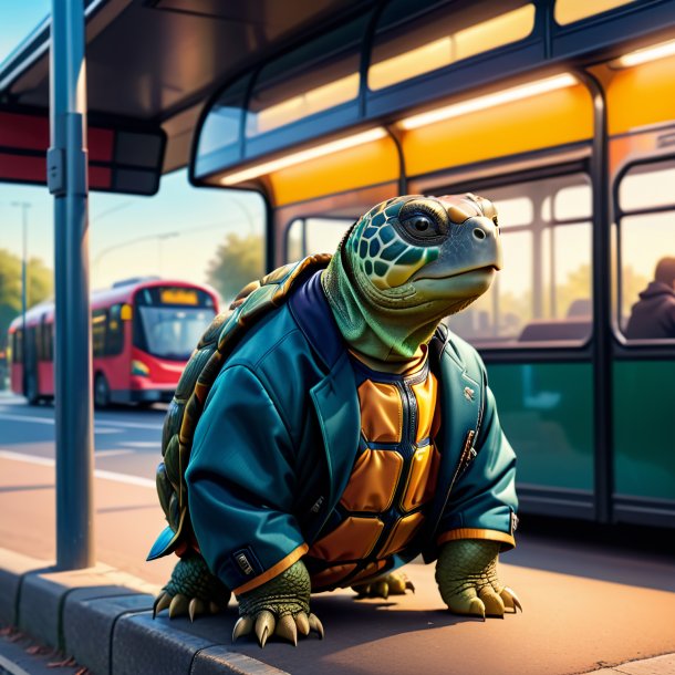 Foto de una tortuga en una chaqueta en la parada de autobús