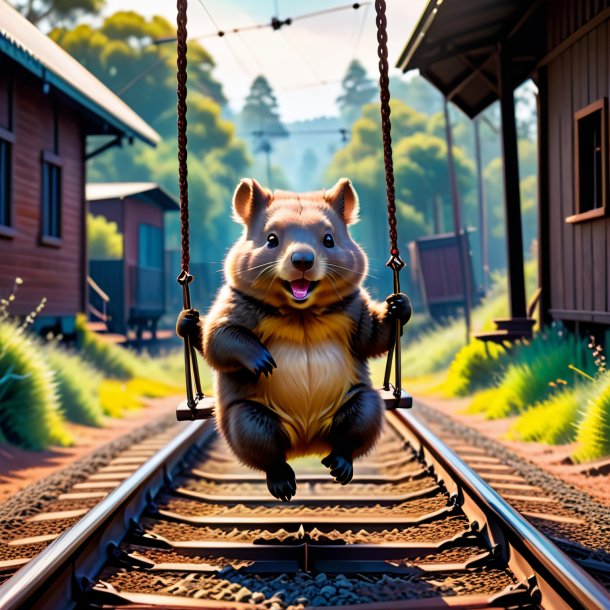 Imagem de um balanço em um balanço de um wombat nos trilhos ferroviários