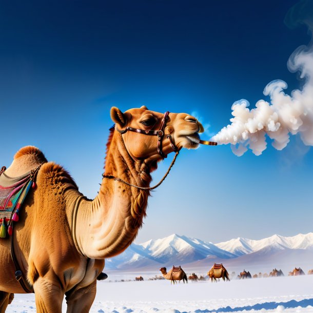 Photo of a smoking of a camel in the snow