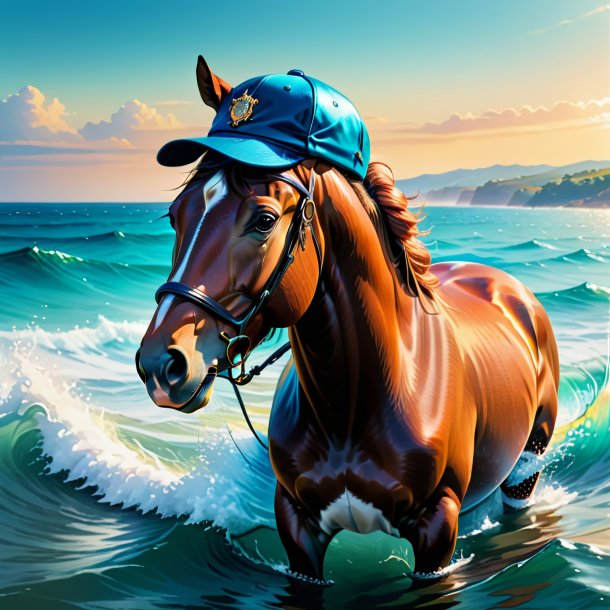 Illustration of a horse in a cap in the sea