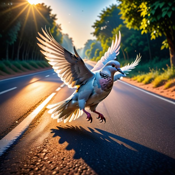 Photo of a jumping of a dove on the road