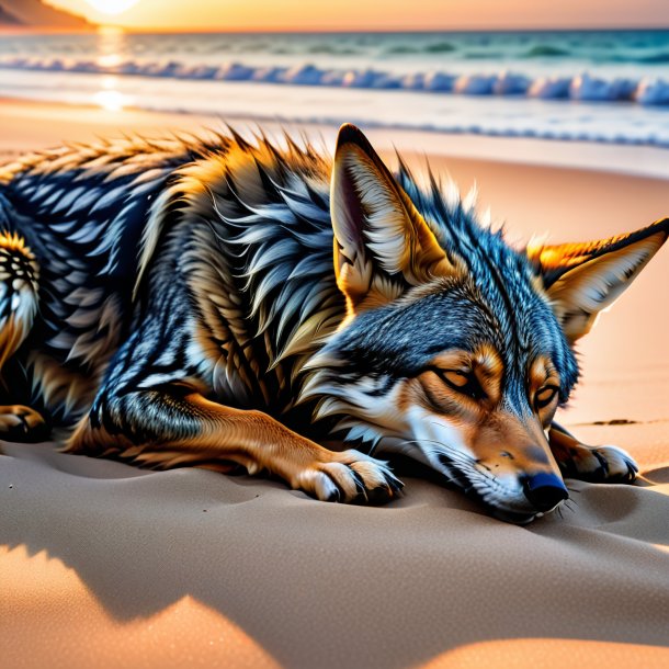 Image of a sleeping of a jackal on the beach