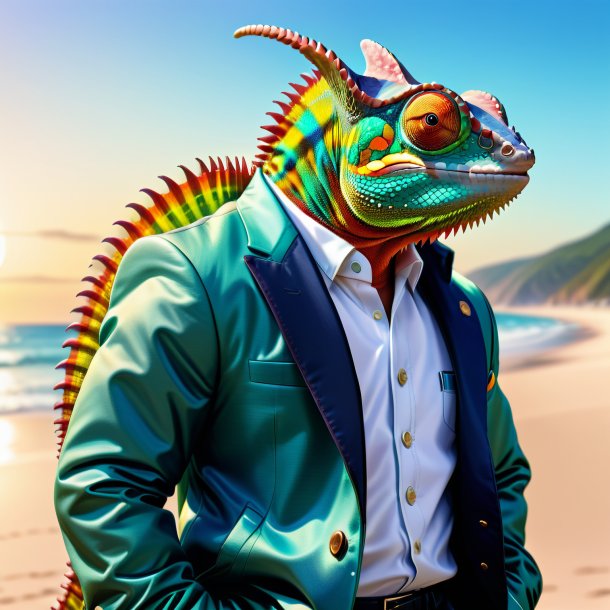 Drawing of a chameleon in a jacket on the beach