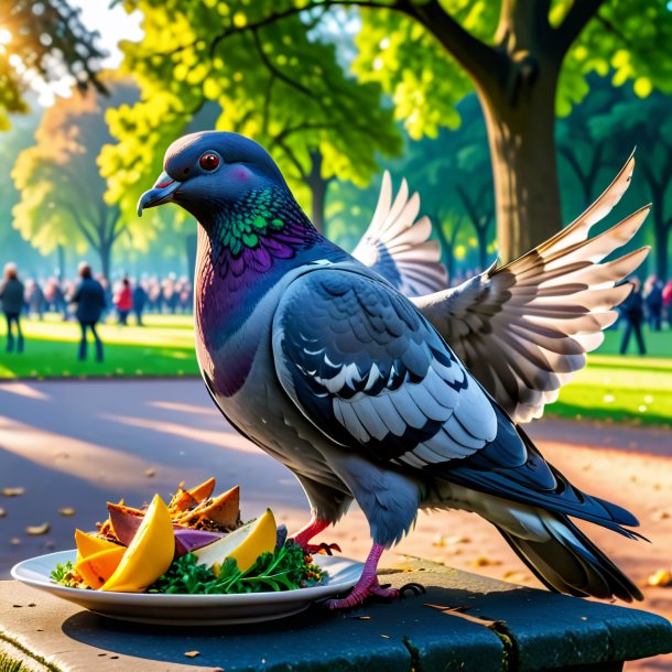 Foto de una comida de una paloma en el parque