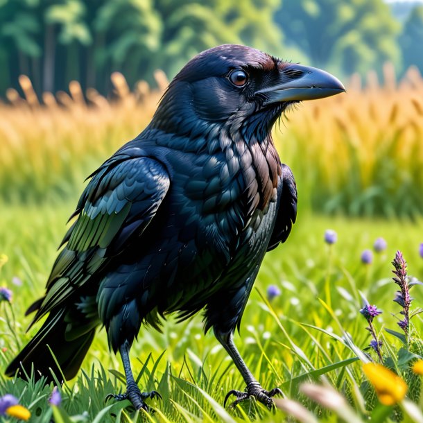 Image d'une menace d'un corbeau dans la prairie