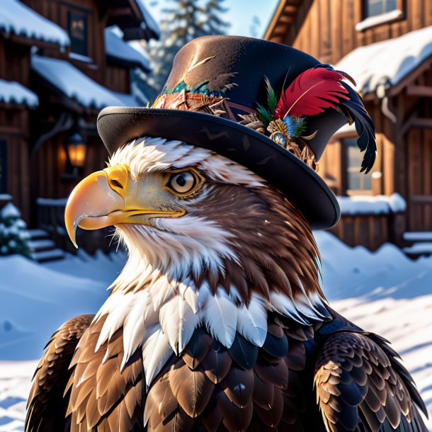 Foto de un águila en un sombrero en la nieve