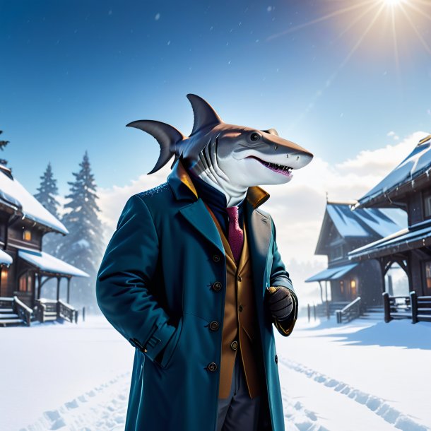 Image of a hammerhead shark in a coat in the snow