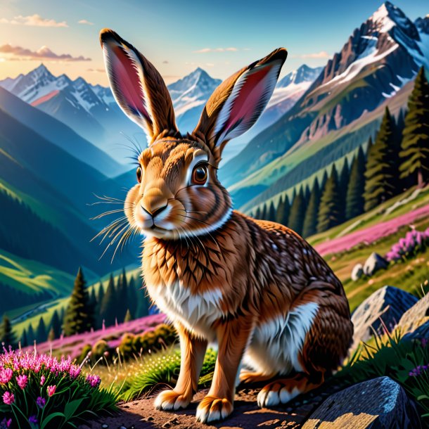 Picture of a hare in a cap in the mountains