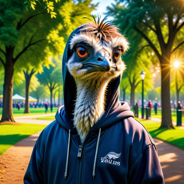 Imagem de uma emu em um hoodie no parque