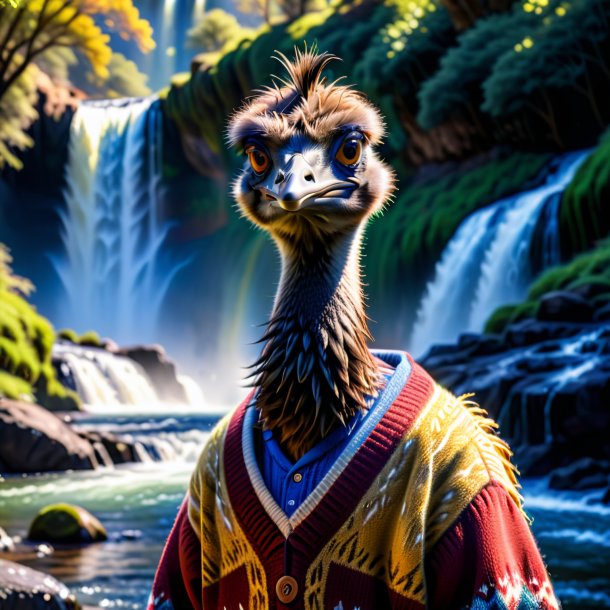 Photo of a emu in a sweater in the waterfall