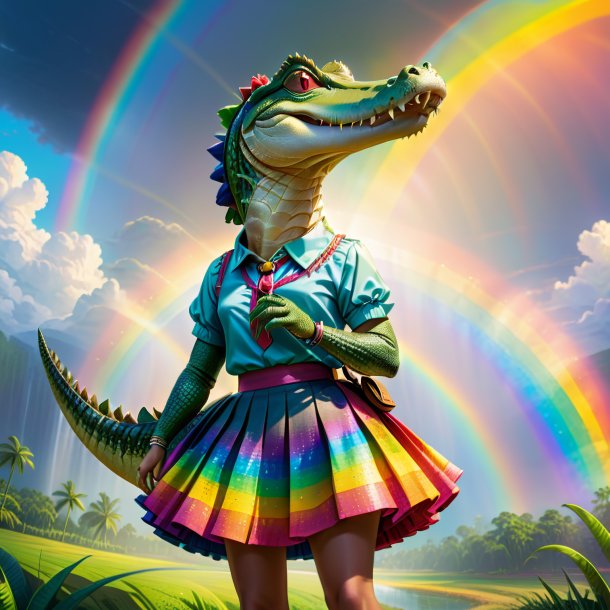 Drawing of a crocodile in a skirt on the rainbow