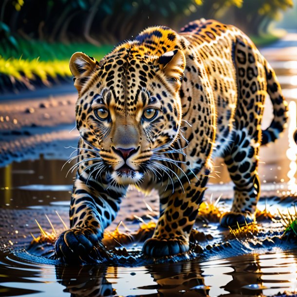 Pic of a playing of a leopard in the puddle