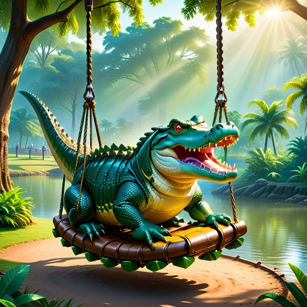 Image of a swinging on a swing of a crocodile in the park