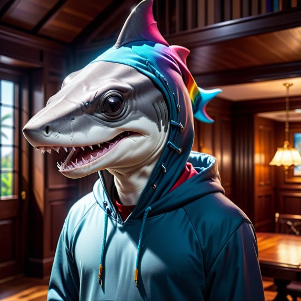 Picture of a hammerhead shark in a hoodie in the house