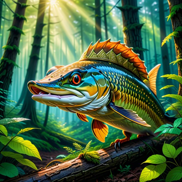 Drawing of a pike in a cap in the forest