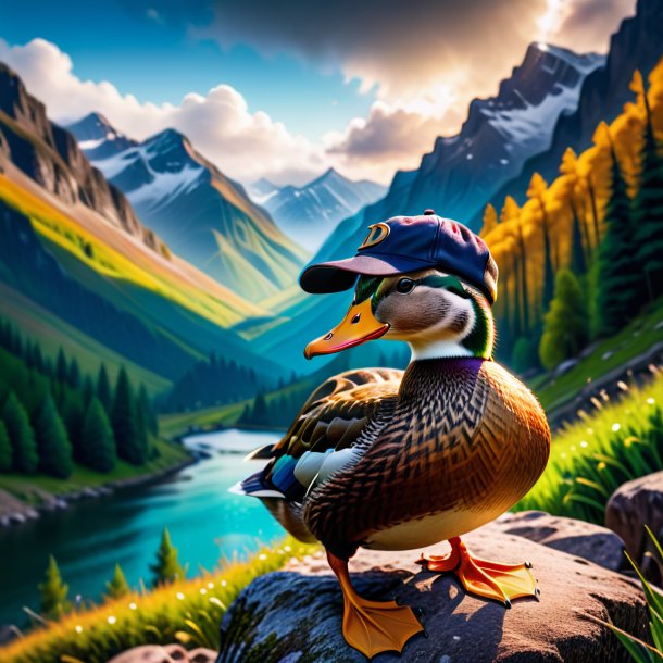 Photo of a duck in a cap in the mountains