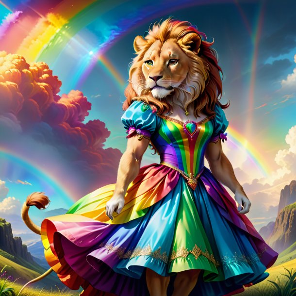 Drawing of a lion in a dress on the rainbow