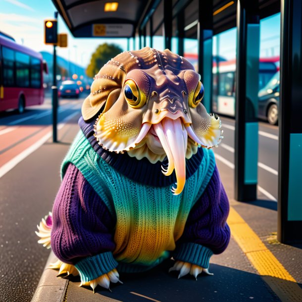 Foto de um choco em um suéter no ponto de ônibus