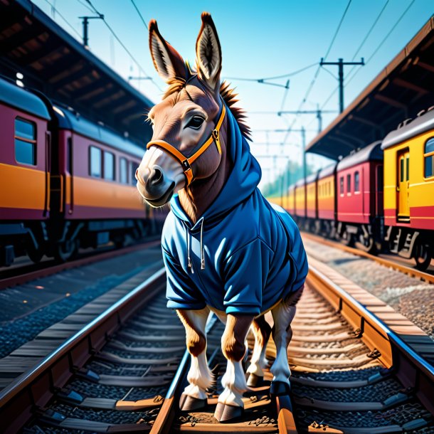 Ilustración de un burro en una sudadera con capucha en las vías del tren