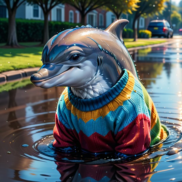 Drawing of a dolphin in a sweater in the puddle