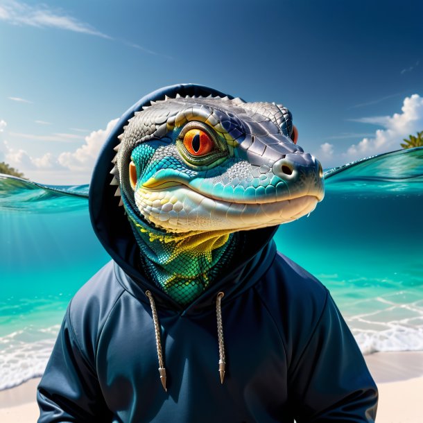 Foto de um monitor lagarto em um hoodie no mar