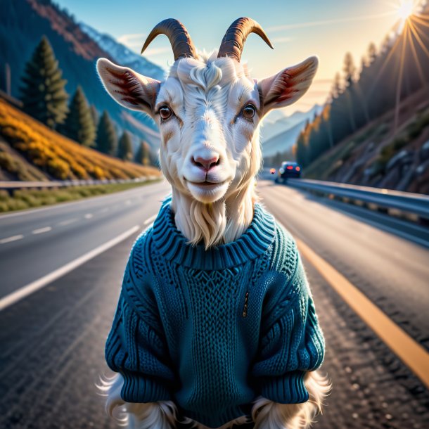 Photo of a goat in a sweater on the highway