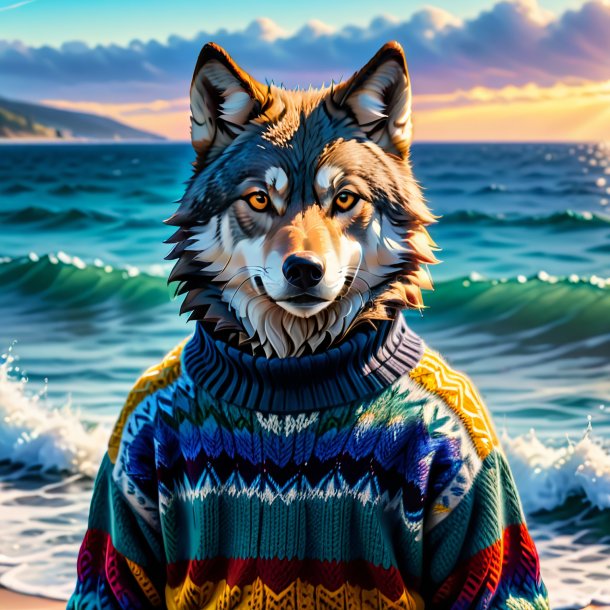 Foto de um lobo em um suéter no mar