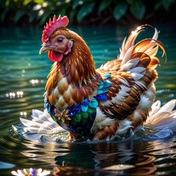 Image of a hen in a dress in the water