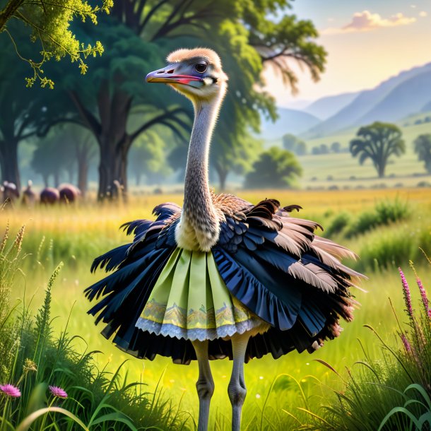 Pic of a ostrich in a skirt in the meadow