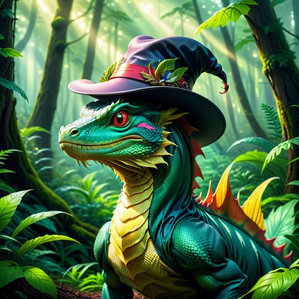 Illustration of a basilisk in a hat in the forest