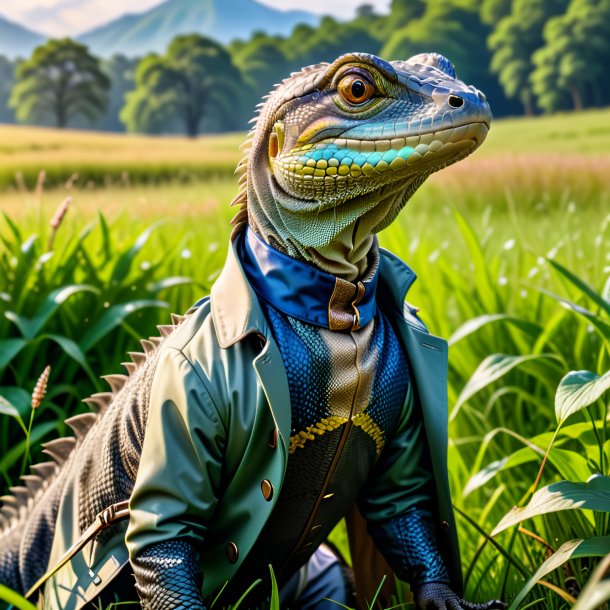 Photo of a monitor lizard in a coat in the meadow