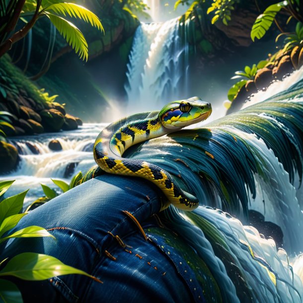 Photo of a snake in a jeans in the waterfall