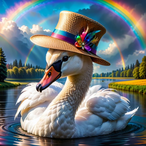 Pic d'un cygne dans un chapeau sur l'arc-en-ciel