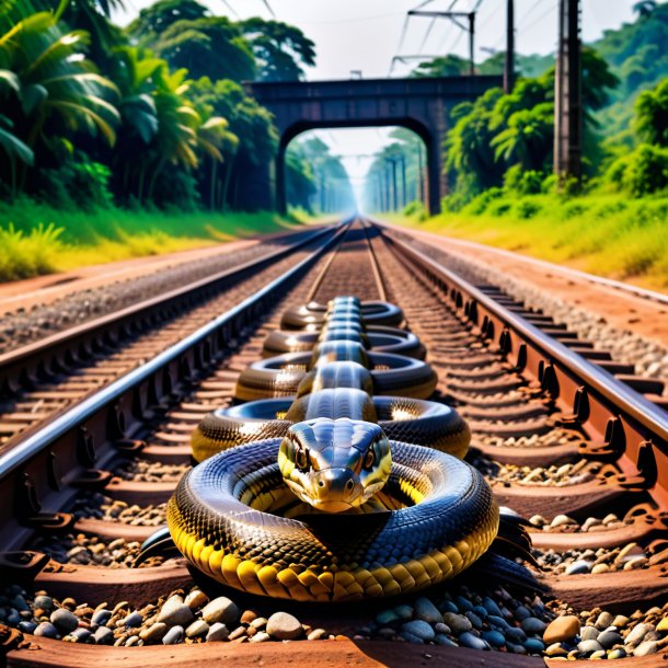 Foto de un baño de una cobra en las vías del tren