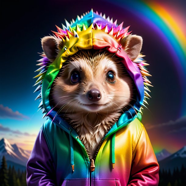 Image of a hedgehog in a hoodie on the rainbow