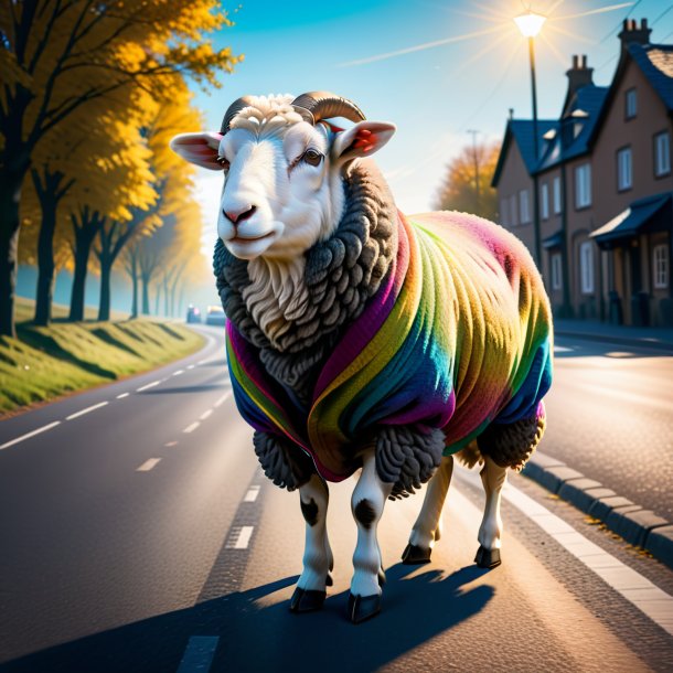 Drawing of a sheep in a coat on the road