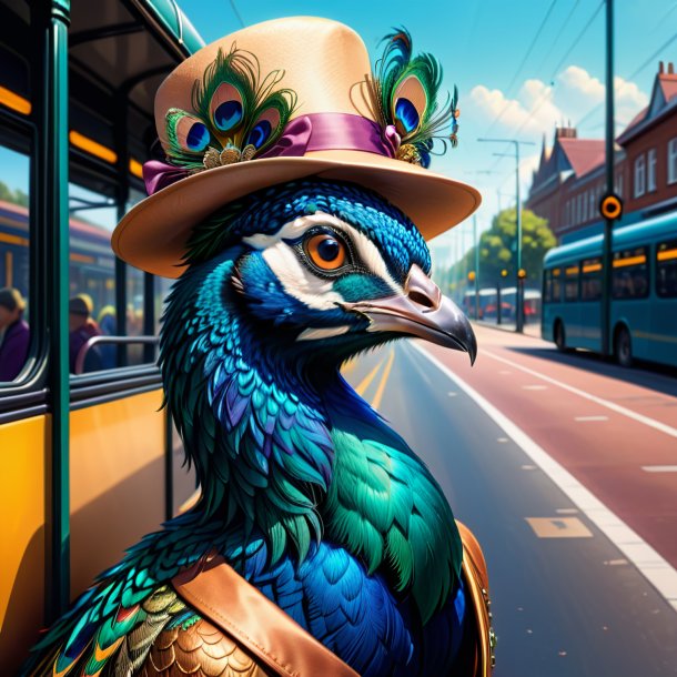 Ilustración de un pavo real en un sombrero en la parada de autobús