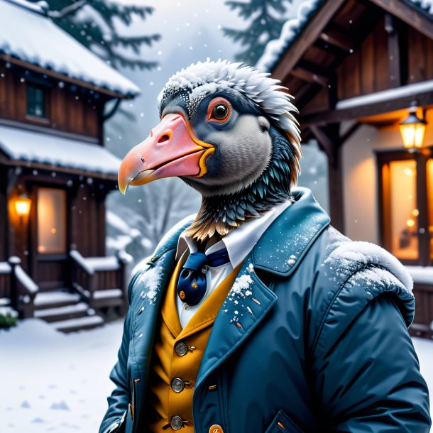 Foto de un dodo en una chaqueta en la nieve