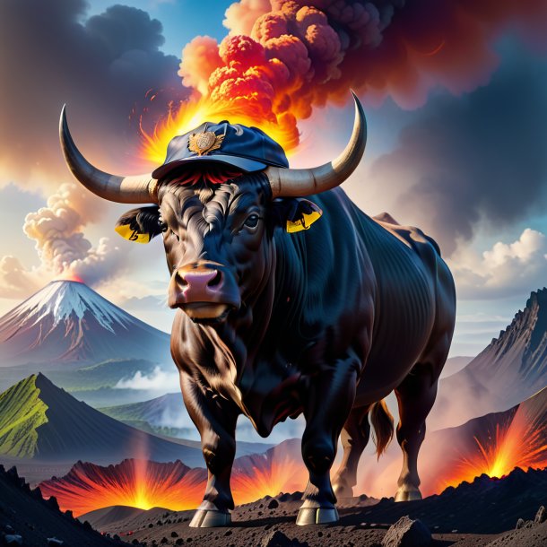 Picture of a bull in a cap in the volcano