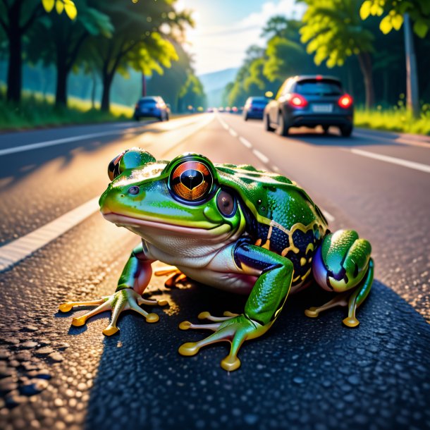 Picture of a resting of a frog on the road