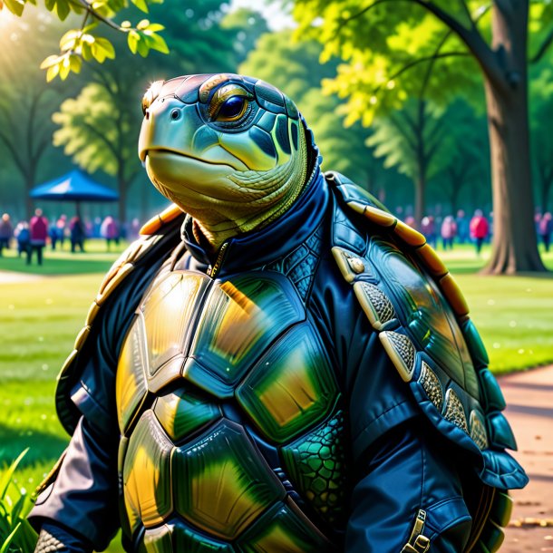 Photo of a turtle in a jacket in the park