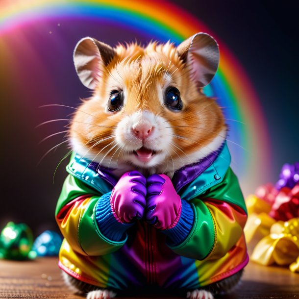 Photo d'un hamster dans un gants sur l'arc-en-ciel