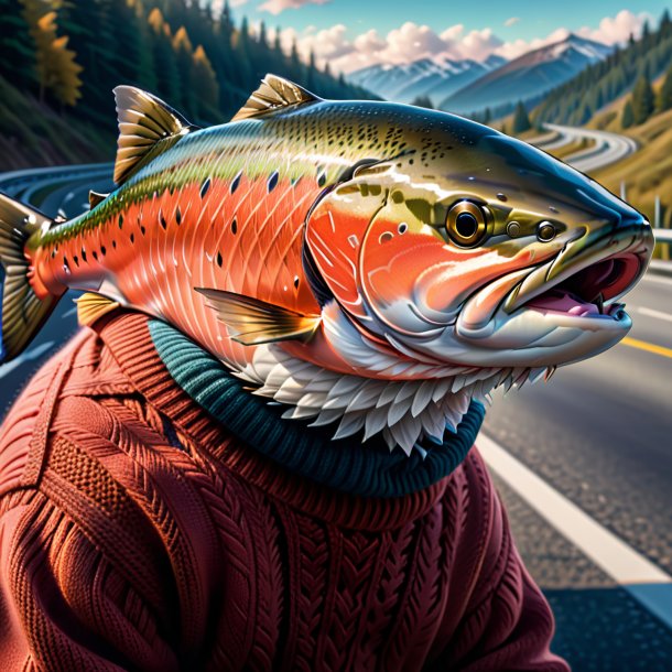 Ilustración de un salmón en un suéter en la carretera