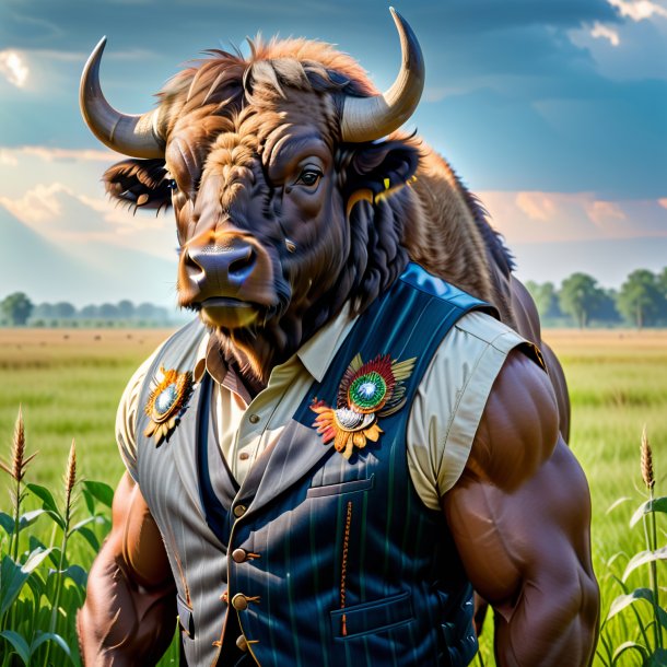 Pic of a buffalo in a vest on the field