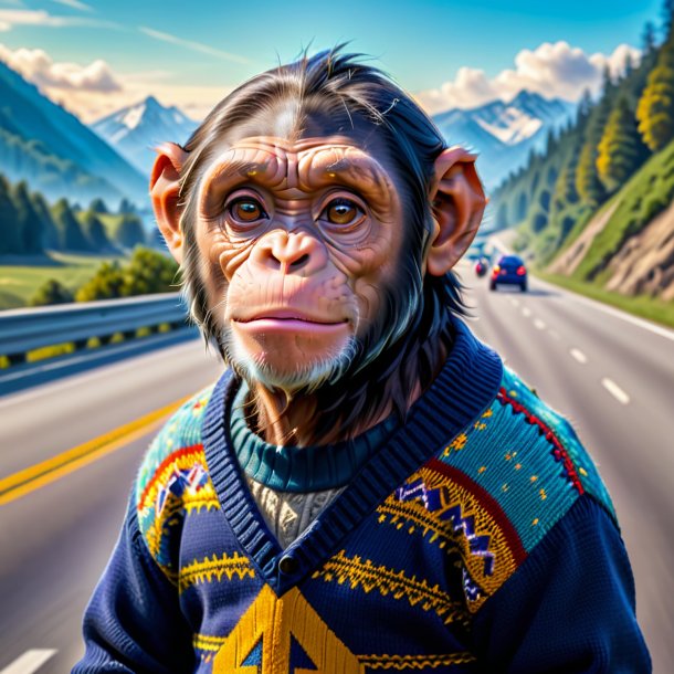 Pic of a chimpanzee in a sweater on the highway