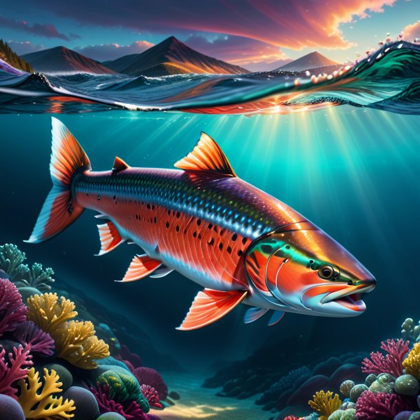 Ilustração de um salmão em um suéter no mar